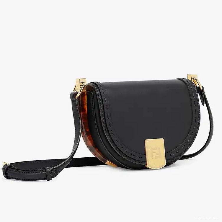 Affordable Black Leather Calf ROMA Bag In Fendi Logo Moonlight 0413 HOT SALE